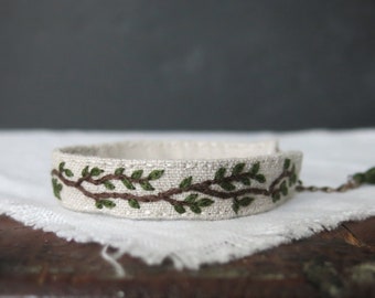 Tree Branch Embroidery Cuff Bracelet, Hand Embroidered Fabric Bracelet, Woodland Style, Natural Linen, Nature Inspired Jewelry, gift for her