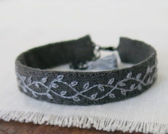 Modern Gray Vine Cuff Bracelet, Floral Vine Hand Embroidered Fabric Cuff Bracelet, Adjustable Stacking Bracelet, Folk Style Jewelry, For Mom