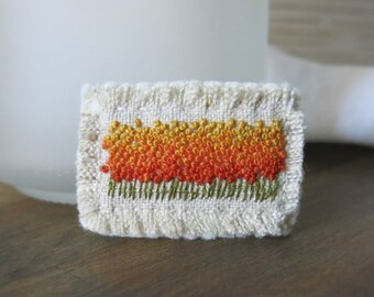 Orange Field Textile Art Brooch Pin, Hand Embroidered Jewelry, Natural Linen Fabric Brooch,  Flower Field Brooch, Wearable Art Brooch