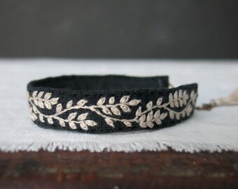 Black Hand Embroidered Cuff Bracelet with Cream Floral Vine, Boho Style Bracelet, Plant Lover Jewelry, Adjustable Bracelet, Gift For Her