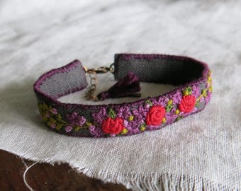 Hand Embroidered Floral Cuff Bracelet: Red, Purple, & Green Linen