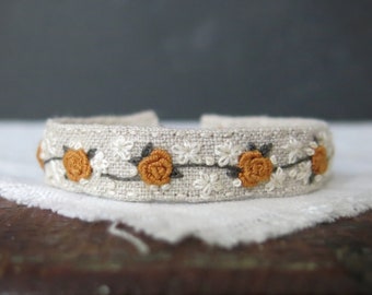 Handmade Embroidered Linen Cuff Bracelet: Mustard Yellow Floral