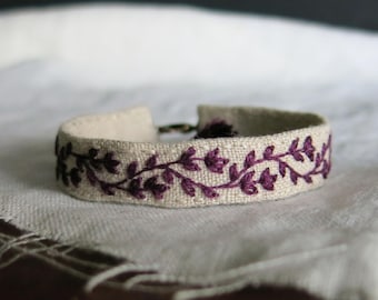 Purple Vine Hand Embroidered Linen Cuff Bracelet, Adjustable, Handmade Jewelry