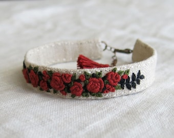 Hand Embroidered Rust Red Rose Linen Cuff Bracelet: Adjustable Handmade Jewelry