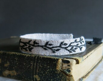 Hand Embroidered Linen Cuff Bracelet: Black Branch Design
