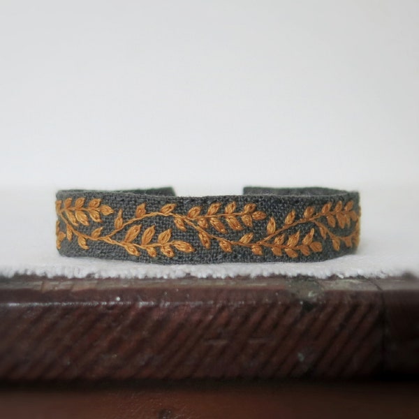 Mustard Yellow Vine Hand Embroidered Cuff Bracelet, Hand Embroidery Bracelet, Gray Fabric Bracelet, Adjustable, Handmade Jewelry, GF Gift