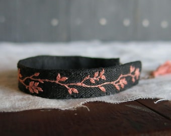 Hand Embroidered Linen Cuff Bracelet: Salmon Pink Vine, Adjustable