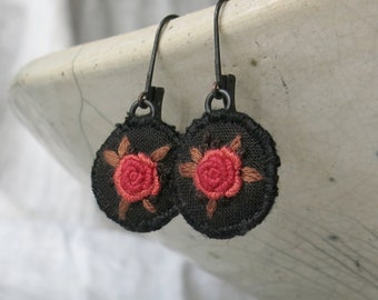 Hand Embroidered Rose Dangle Earrings: Boho Textile Art