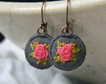 Pink Rose Floral Dangle Earring, Floral Hand Embroidery Drop Earring, Lead Nickel Free, Boho Style Jewelry, Gift For Mom, Gift For Her