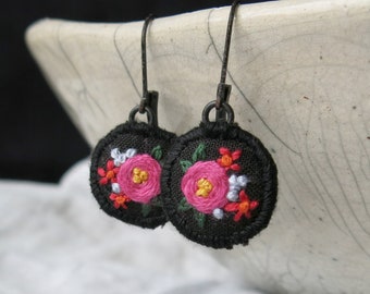 Boho Bouquet Floral Embroidered Earrings, Hand Embroidery Earrings, Circle Dangle Earrings, Pink Flower Earrings, Gift For Mom, Gift for her