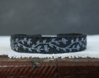 Dark Floral Hand Embroidered Cuff Bracelet,  Black and Gray Fabric Bracelet, Adjustable Bracelet, Gift for Women