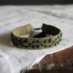 Olive Green Fabric Cuff Bracelet with Black Hand Embroidered Vine, Adjustable, Ready to Ship, Textile Art Jewelry, Unique Handmade Gift image 1