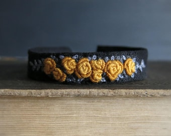 Hand Embroidered Mustard Rose Black Linen Cuff Bracelet: Adjustable, Stacking, Handmade Jewelry, Gift For Her