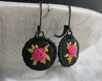 Hand Embroidered Rose Earrings: Dainty Floral Design, Antiqued Brass