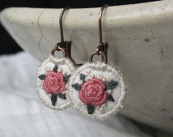 Pink Rose Floral Hand Embroidered Dangle Earrings, Cream Circle Drop Earrings, Lightweight Fabric Earrings, Gift For Her, Gift For Mom