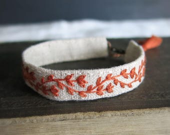 Hand Embroidered Linen Cuff Bracelet: Orange Floral Vine, Stacking, Adjustable