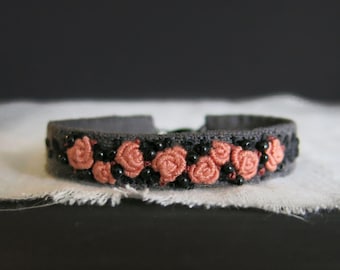 Hand Embroidered Dusty Pink Rose on Black Linen Cuff Bracelet: Adjustable Jewelry, Stackable, Textile Art Accessory