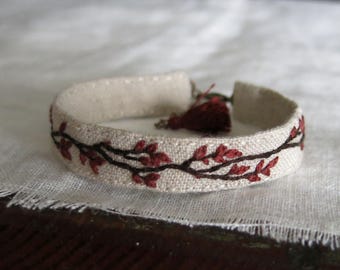 Rust Autumn Branch Fabric Cuff Bracelet, Hand embroidered stacking bracelet