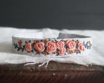 Hand Embroidered Pink Rose Cuff Bracelet: Textile Art Jewelry