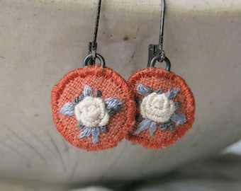 Hand Embroidered Rose Earrings: Orange Linen Fabric Dangles