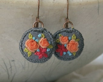 Orange Floral Earrings, Hand Embroidered Bouquet Dangle Earrings, Boho Style Jewelry, Lead Nickel Free, Handmade Gift for Mom, GF Gift
