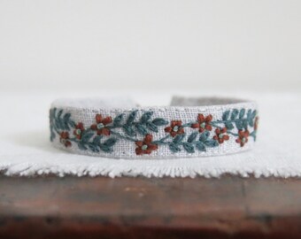 Teal and Brown Floral Bracelet, Hand Embroidered Cuff Bracelet, Textile Art Bracelet