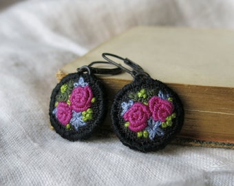 Floral Embroidery Textile Art Dangle Earrings, Hand Embroidered Wearable Art Jewelry, Pretty Floral Earring Gift For Women, Ready to Ship