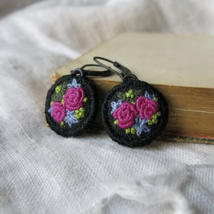 Floral Embroidery Textile Art Dangle Earrings, Hand Embroidered Wearable Art Jewelry, Pretty Floral Earring Gift For Women, Ready to Ship