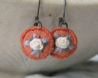 Cream Rose Flower Dangle Earring, Orange Fabric Hand Embroidered Earring, Lightweight Earring, Floral Earring, Gift For Mom, GF Gift