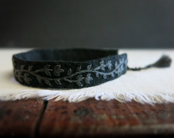 Black Cuff Bracelet, Modern Embroidered Cuff, Linen Fabric Bracelet, Boho Cuff Bracelet, Dark Vine Embroidery Cuff, Gift For Her, GF Gift