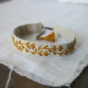 Hand Embroidered Linen Cuff Bracelet: Mustard Yellow Floral Vine, Boho Jewelry