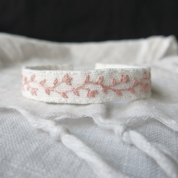 Pale Pink Vine Hand Embroidered White Linen Cuff Bracelet, Floral Embroidery Cuff Bracelet, Adjustable, Gift for Her, Wearable Art