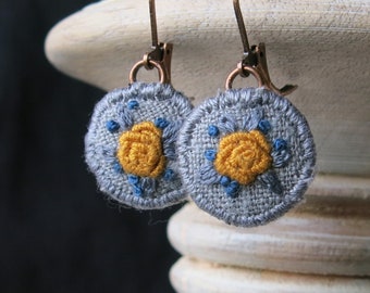 Yellow Rose Embroidered Earrings: Linen Fabric Boho Jewelry