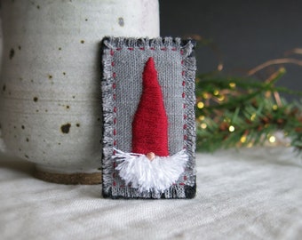 Festive Christmas Gnome Brooch, Hand Embroidered Holiday Brooch Pin, Ready to Ship Gift Under 30, Garden Gnome for your Sweater