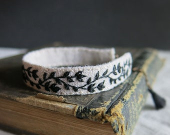 Black Vine on Natural Linen Hand Stitched Cuff Bracelet, Textile Art Jewelry, Adjustable bracelet, Handmade Jewelry Gift, Ready to ship