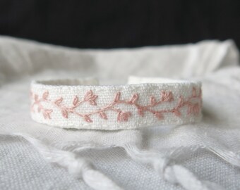 Pale Pink Vine Hand Embroidered White Linen Cuff Bracelet, Floral Embroidery Cuff Bracelet, Adjustable, Gift for Her, Wearable Art