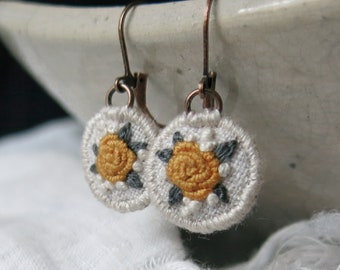 Yellow Rose Dainty Dangle Earrings, Hand Embroidered Floral Earrings, Flower Earrings, Lightweight Fabric Earrings, Textile Art Jewelry