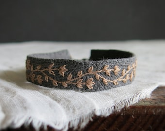 Taupe Vine Floral Hand Embroidered Textile Art Cuff Bracelet, Gray Linen Fabric Bracelet, Hand Embroidery Jewelry, Unique Gift For Her