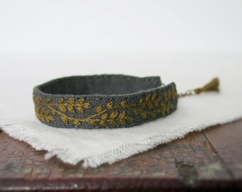 Olive Green Branch Bracelet, Olive and Gray Cuff, Gray Linen Bracelet, Olive Green Bracelet, Floral Cuff Bracelet