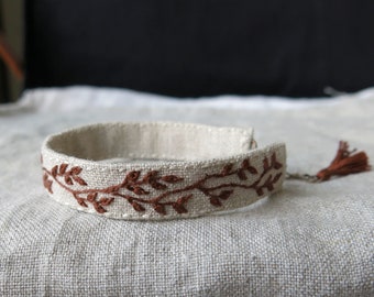 Rust Brown Branch Hand Embroidered Cuff Bracelet, Adjustable,  Woodland Nature Jewelry, Ready To Ship Gift For Nature Lover