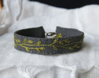 Simple Green Vine Embroidered Cuff Bracelet, Textile Art Fabric Jewelry, Adjustable Stackable Cuff Bracelet, Ready to Ship