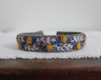 Yellow Rose Bracelet, Floral Cuff Bracelet, Embroidered Cuff, Textile Art Bracelet