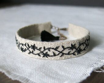 Vine Bracelet, Natural Linen Embroidered Cuff Bracelet, Textile Art Jewelry, Gift For Her