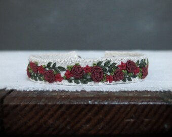 Rose Floral Bracelet, Burgundy Rose Cuff, Hand Embroidered Cuff Bracelet, Dark Floral Cuff