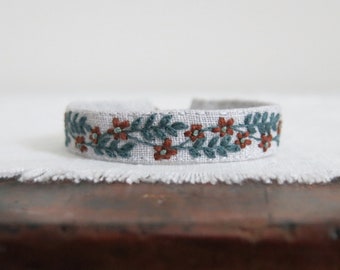 Teal Vine Floral Cuff Bracelet, Hand Embroidered Light Gray Linen Cuff Bracelet, Bohemian Style Jewelry, Adjustable, Stackable, Gift for Her