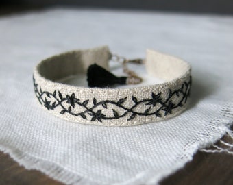 Vine Bracelet, Hand Embroidered Natural Linen Stackable Cuff Bracelet, Textile Art Jewelry, Gift For Her, Gift For Mom, Boho Style Jewelry