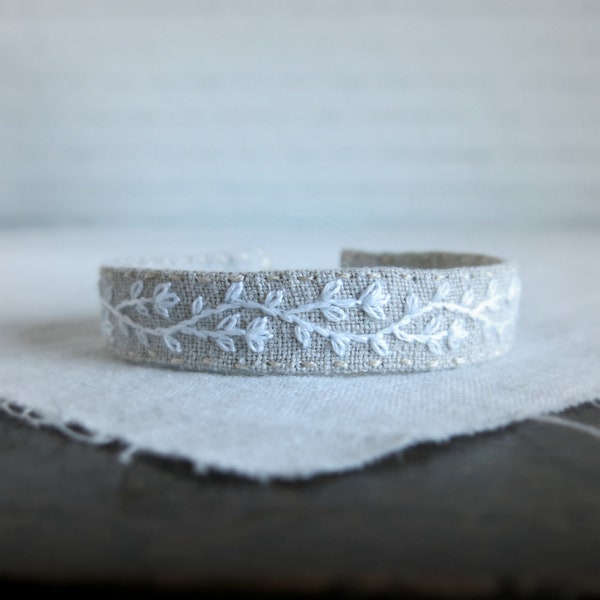 Natural Linen Embroidered Cuff Bracelet - Floral Hand Embroidery - Linen Jewelry