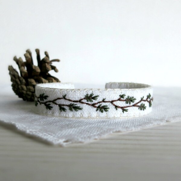 Embroidered Cuff Bracelet - Woodland Bracelet - Hand Embroidered