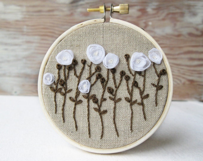 Hand Embroidered Wall Hanging White Flowers on Natural Linen Etsy