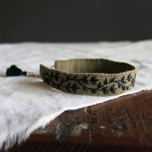 Olive Green Fabric Cuff Bracelet with Black Hand Embroidered Vine, Adjustable, Ready to Ship, Textile Art Jewelry, Unique Handmade Gift image 4